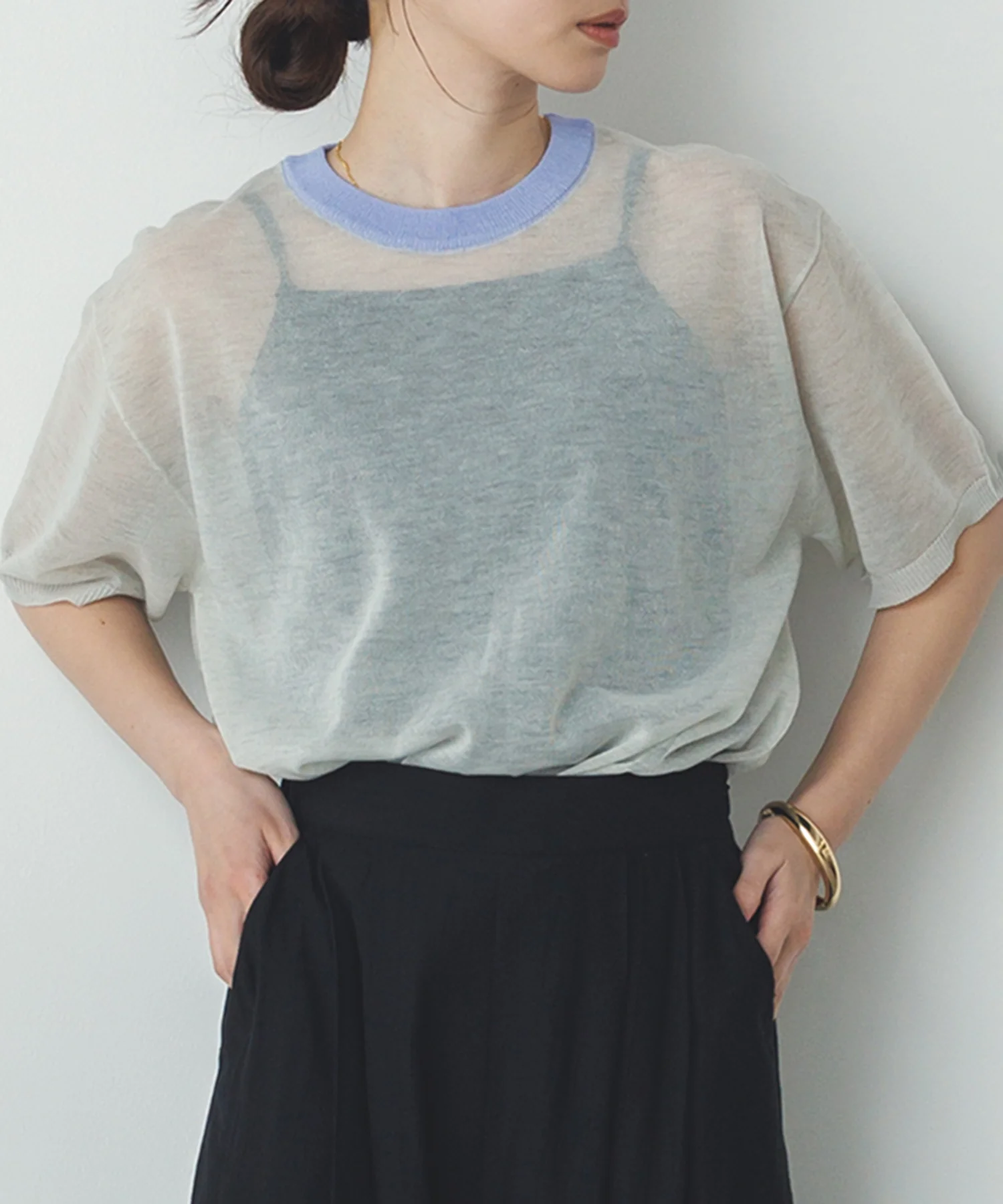 バイカラー シアー半袖ニット