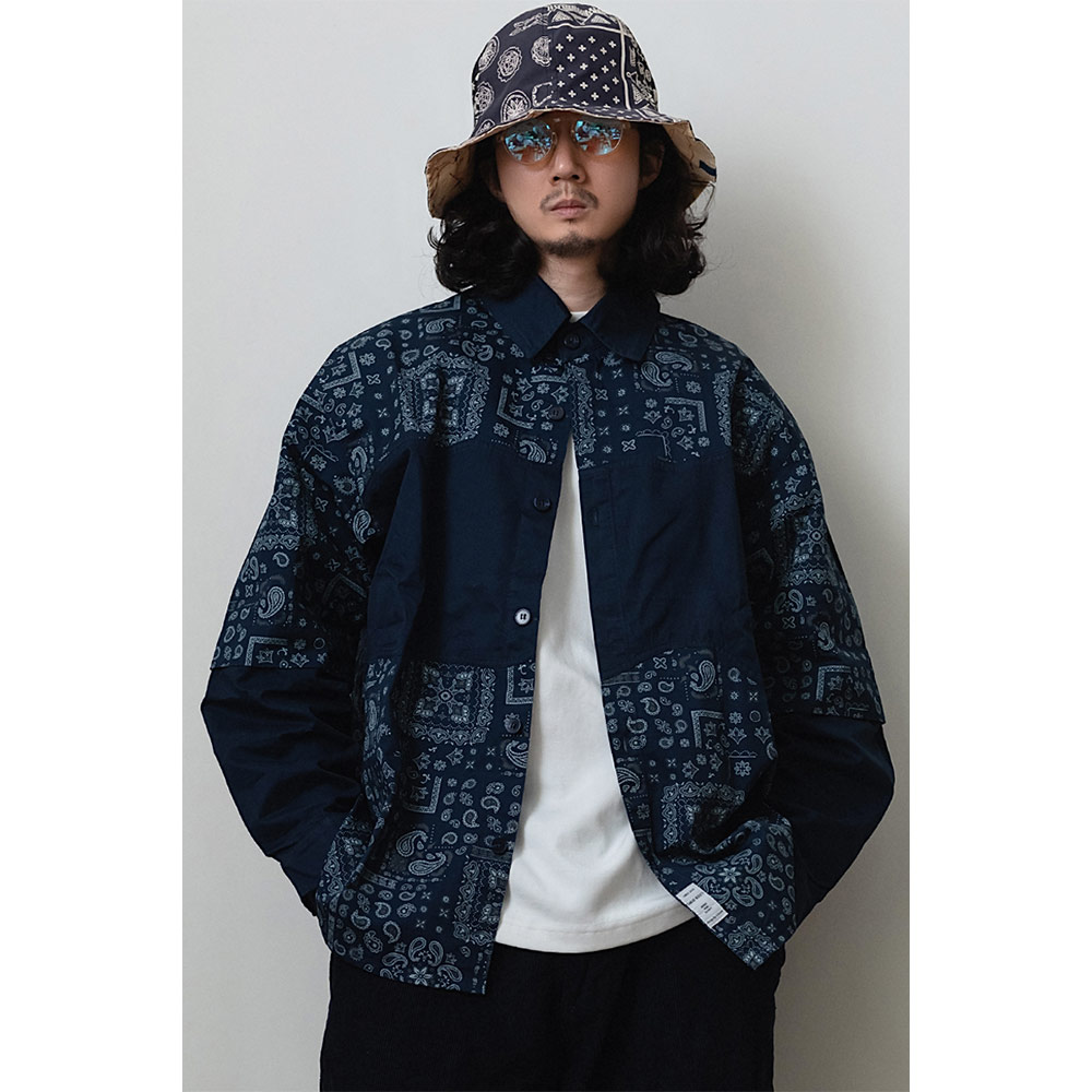 ペイズリー柄　切り替えワーク長袖シャツ