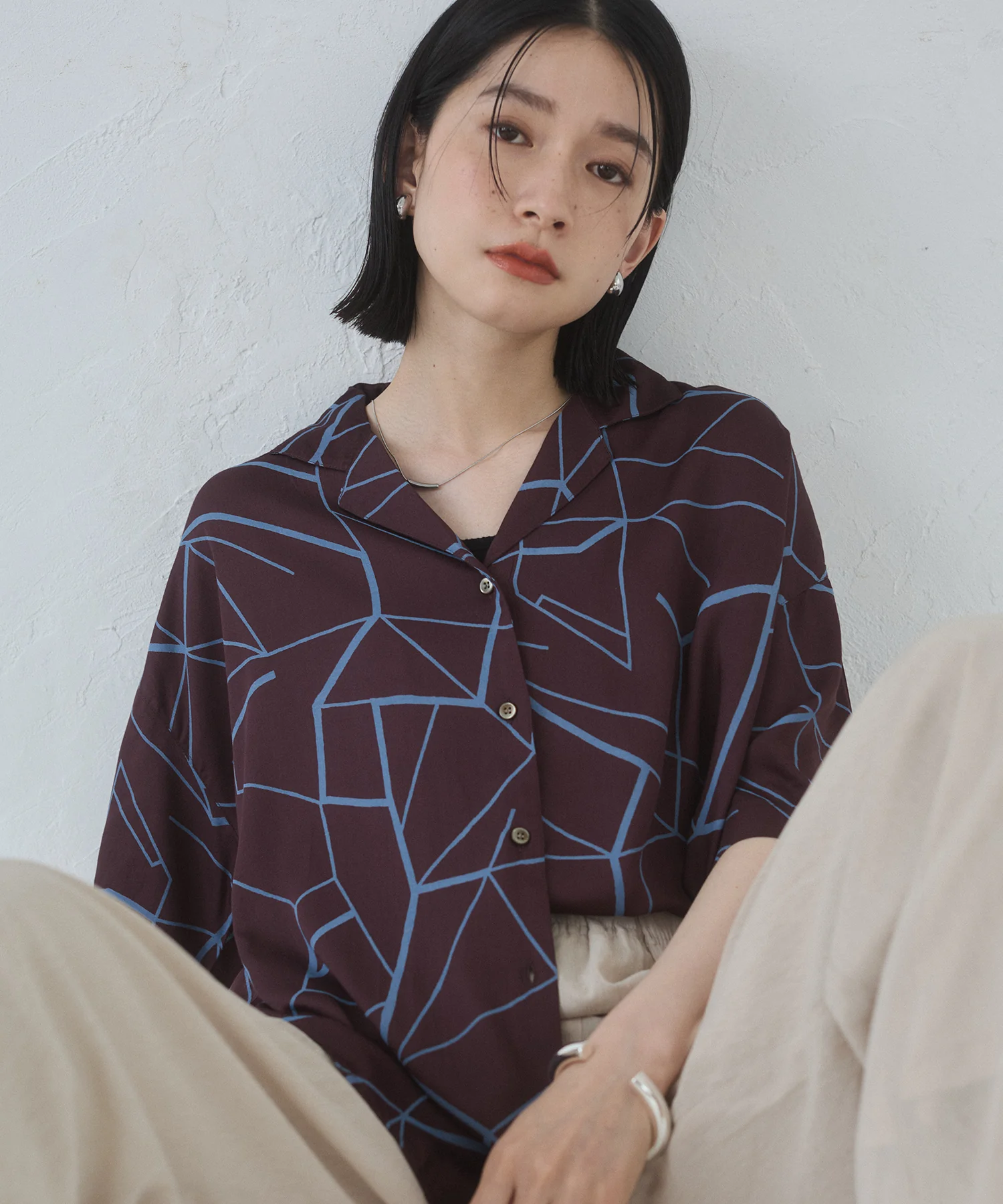 ビスコースサテン プリント開襟シャツ