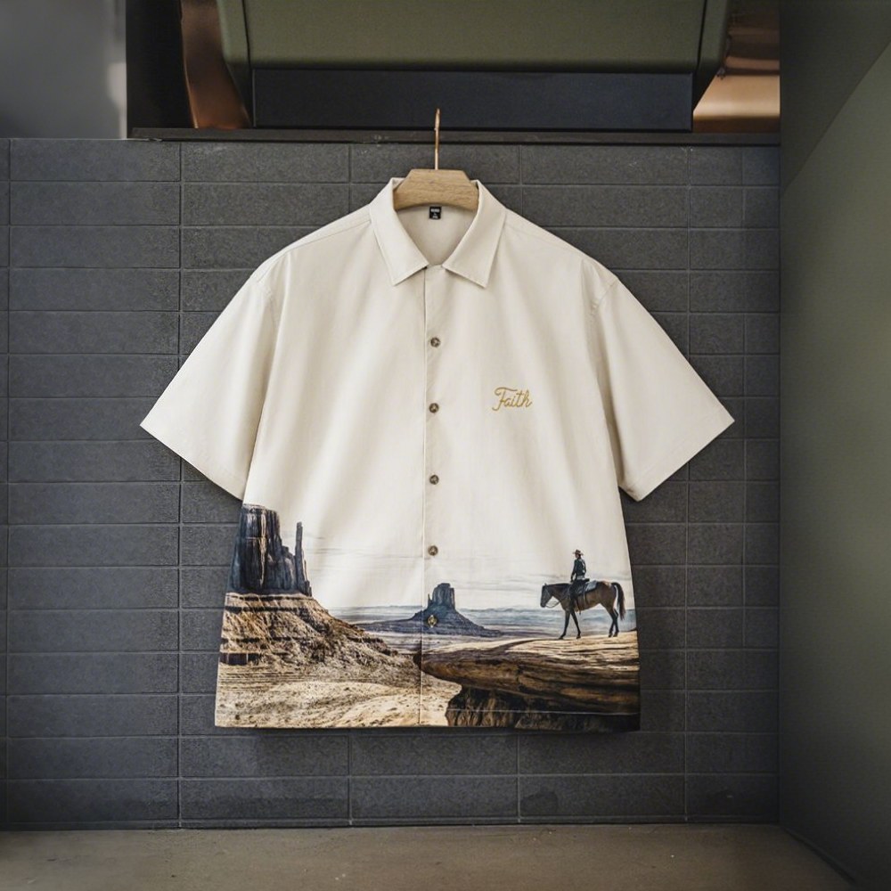 「モニュメントバレー・ライダー」軽量チェーンステッチ刺繍折り襟シャツ