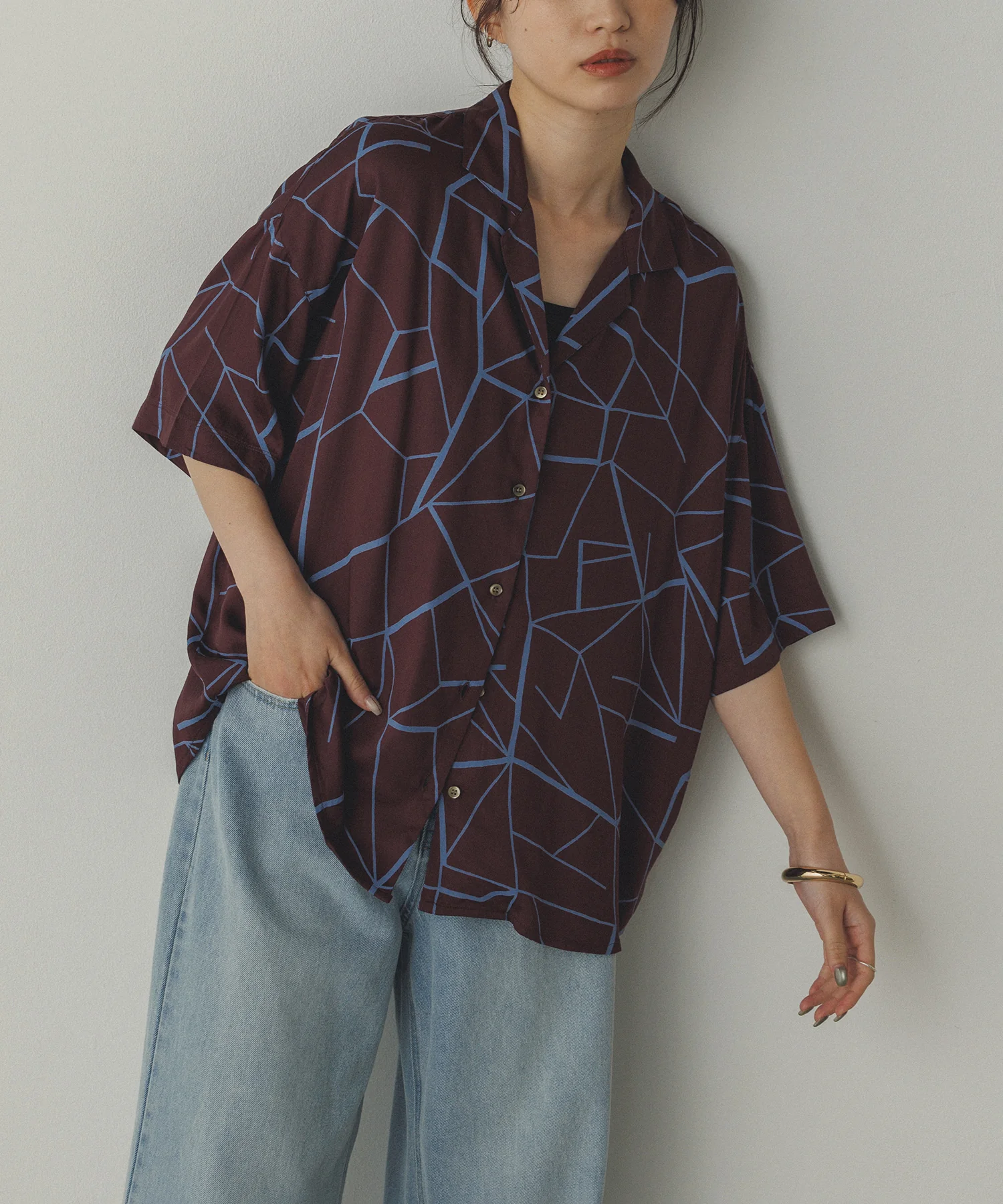 ビスコースサテン プリント開襟シャツ