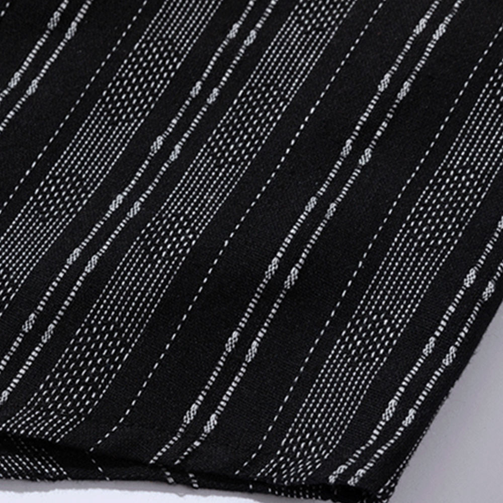 先染め配色ストライプ柄　和風コットンリネン長袖シャツ