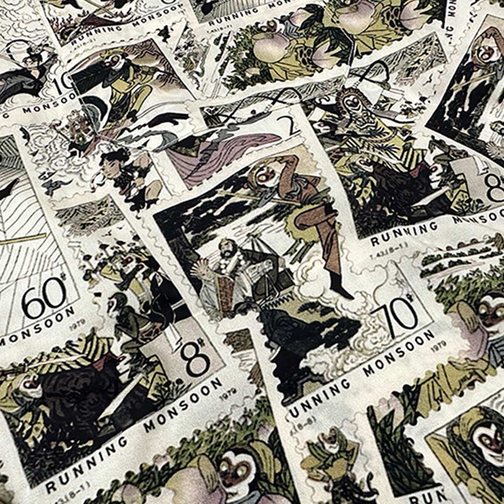 レトロ風切手コラージュ「孫悟空」柄半袖シャツ