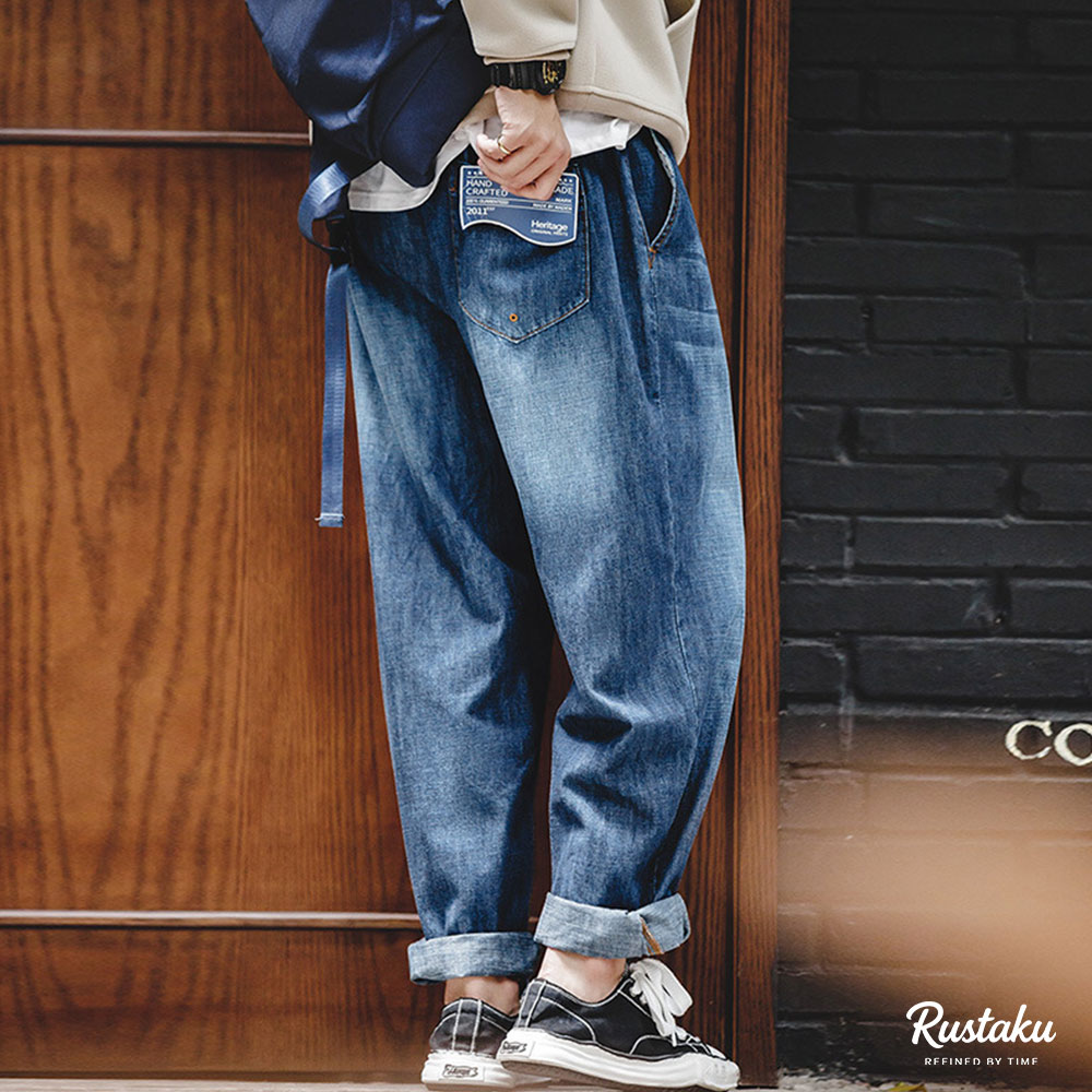 7.8オンス薄手ヒゲ加工ウォッシュデニムパンツ