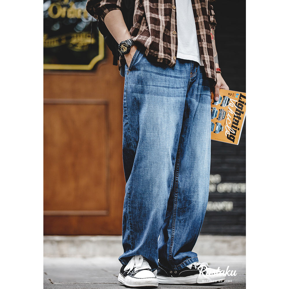 7.8オンス薄手ヒゲ加工ウォッシュデニムパンツ