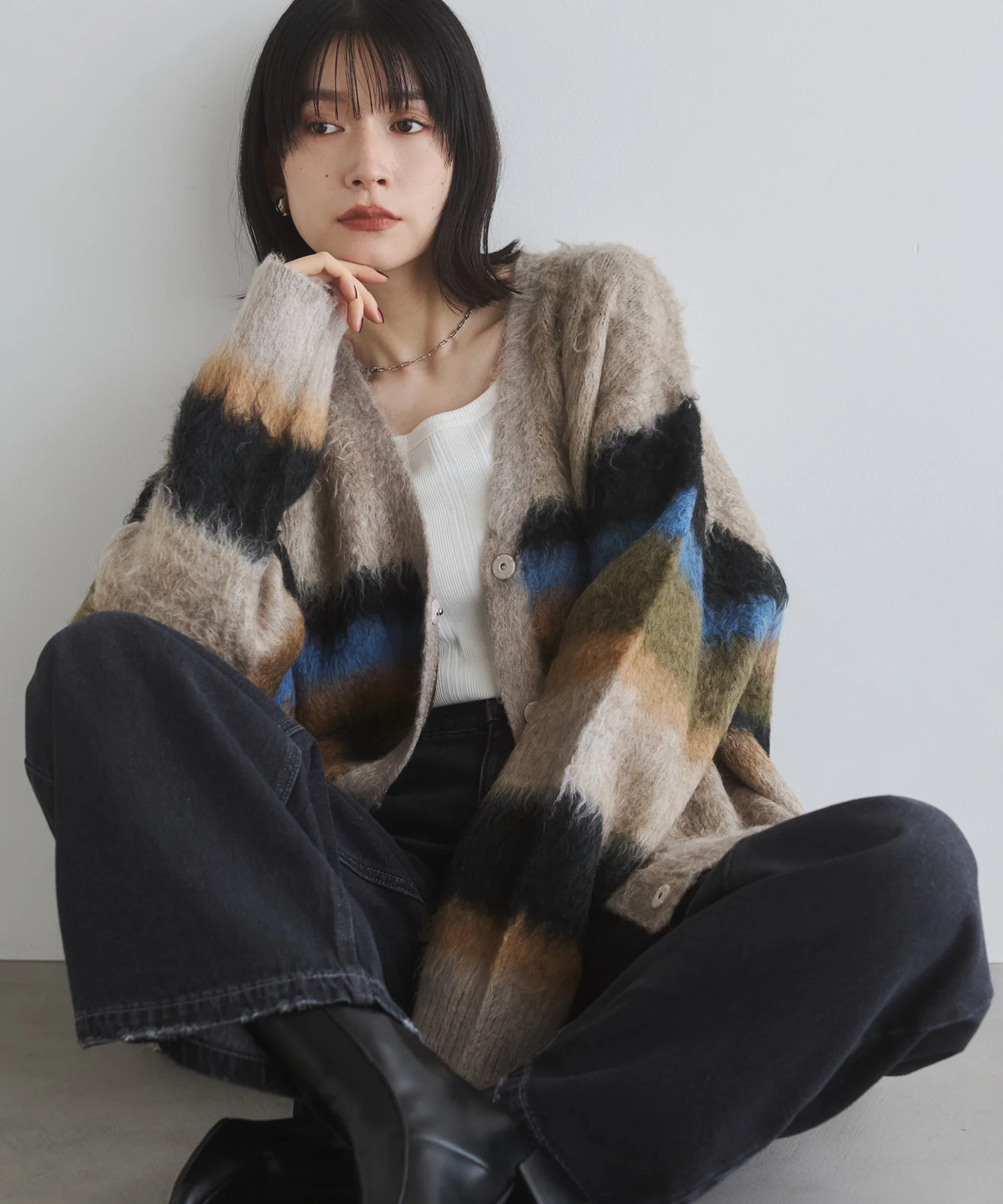 起毛シャギー ボーダーニットカーディガン